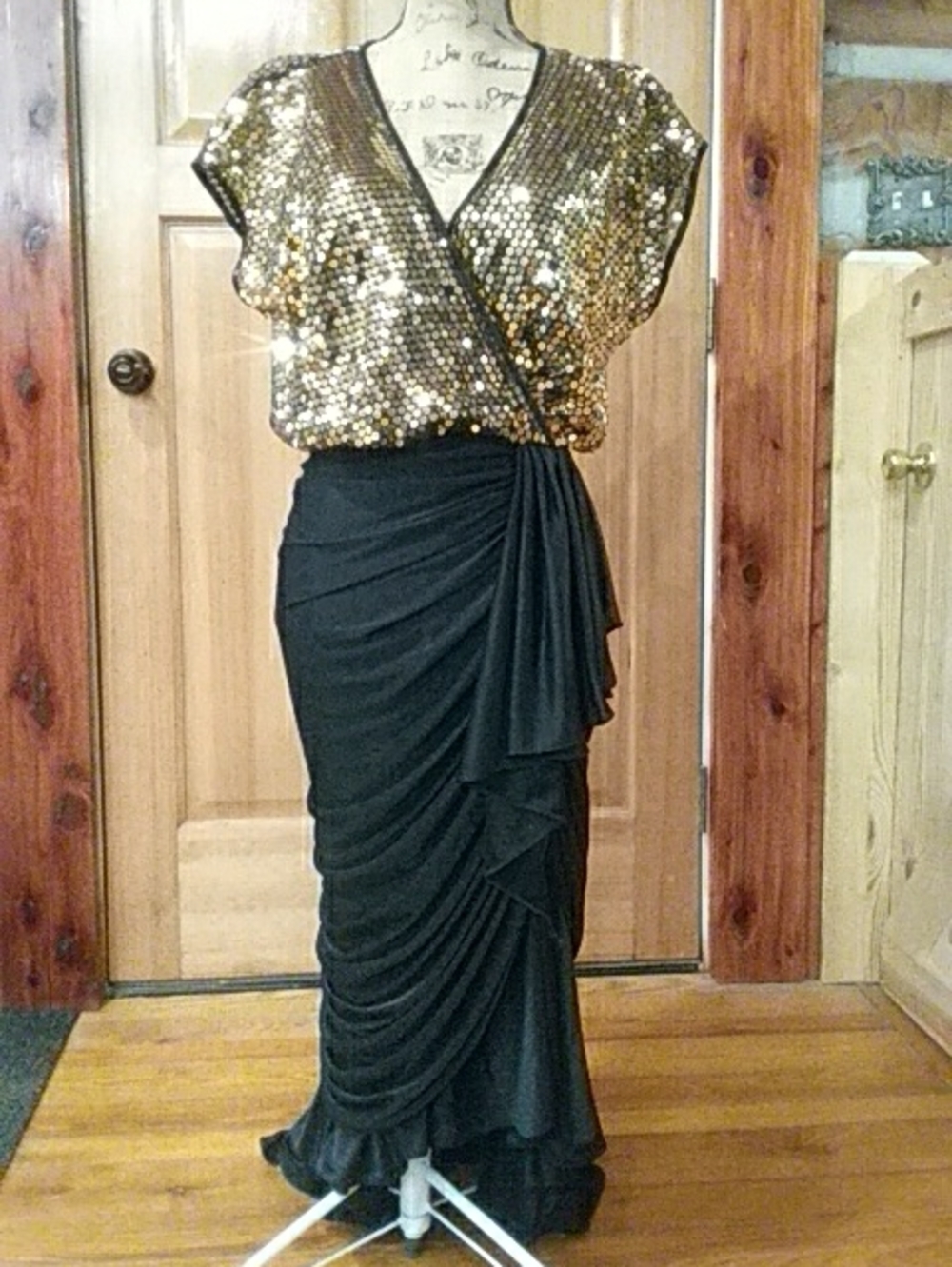 Gold Sequin Wrap Bodice Maxi Dress with Black Draped Skirt